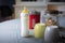 Breakfast table with cups, cookies and feeding bottle