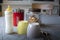 Breakfast table with cups, cookies and feeding bottle