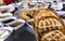 Breakfast table with lots of variable foods with Turkish Ramadan flat bread, close up, food photography