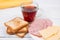 Breakfast with tea, toasts, cheese and salami