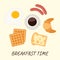 Breakfast time set: fried eggs, sausages, coffee, bread with cheese, croissant, waffles. Food background