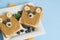 Breakfast Toast Bear Shaped Peanut Butter Banana Bread Blueberry for Kids. Funny animal face toast for kids snack. Blue Background