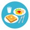 Breakfast, toast and omelet, milk