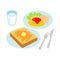 Breakfast, toast and omelet, milk