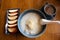 Breakfast traditional chinese food rice porridge congee with herb vegetable and side dish apple fruits and hot coffee for thai