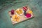 Breakfast tray in swimming pool, floating breakfast in luxury hotel smoothies and fruit plate, smoothie bowl by the