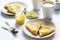 Breakfast for two with pancakes, lemon cream and tea. Breakfast on Valentine`s Day.