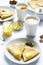 Breakfast for two with pancakes, lemon cream and tea. Breakfast on Valentine`s Day