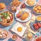 breakfast various food above the table in cartoon anime style, colorful flat illustration