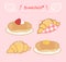 Breakfast vector coffee and fried eggs with sweet dessert in the morning illustration set of muffins and croissants