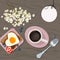 Breakfast view from above. Vector illustration of a cup of coffee, toast and eggs. Flowers. Vector illustration