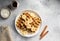 Breakfast waffles with bananas, cinnamon, coconut and date syrup