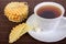 Breakfast with Waffles, Black Cup of Tea and Pieces of Waffle on Wooden Surface