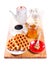 Breakfast with waffles, honey and coffee