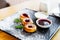 Breakfasts: delicious cheesecakes with sour cream jam for cafe restaurant menus