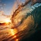 Breaking barrel wave for surfing with warm Sunset background.