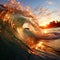 Breaking barrel wave for surfing with warm Sunset background.