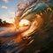 Breaking barrel wave for surfing with warm Sunset background.