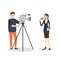 Breaking news illustration.Beautiful female reporter with microphone and cameraman
