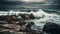 Breaking waves crash against rocky cliffs in dramatic seascape generated by AI