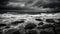 Breaking waves crash against rocky coastline in dramatic monochrome seascape generated by AI