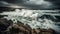 Breaking waves crash against rocky coastline, a dramatic seascape beauty generated by AI