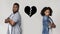 Breakup. Collage Of Unhappy Black Couple With Ripped Heart Symbol Between