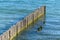 Breakwater on beach. Wooden sea separator. Beautiful seascape. Protection holidaymakers from effects of both weather and longshore