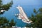 A breakwater with moored boats in the waters of the port of Alanya. Turkey