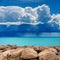 Breakwater and Seascape with Storm Clouds and Torrential Rain