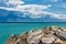 Breakwater and Seascape with Storm Clouds and Torrential Rain