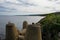 breakwaters on the bank of the Volga river. Summer landscape.