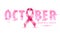 Breast cancer awareness concept illustration pink ribbon symbol, pink watercolor blots with text october. Vector hand