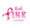 Breast cancer awareness concept illustration pink ribbon symbol, pink watercolor blots with text think pink. Vector hand