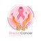 Breast cancer awareness month banner with hand hold care pink ribbon with flower and butterfly on circle world background flat