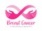 Breast cancer awareness month banner with pink infinity hand hold breast sign vector design