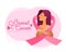 Breast cancer awareness month banner - woman embraces herself and has pink ribbons surrounding her vector design