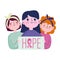 Breast cancer awareness month, cartoon female group hope message in poster