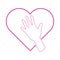 Breast cancer awareness month, hand on heart support healthcare concept line icon