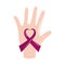Breast cancer awareness month, hand showing ribbon shaped heart, healthcare concept flat icon style