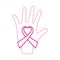 Breast cancer awareness month, hand showing ribbon shaped heart, healthcare concept line icon