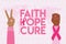 Breast Cancer Awareness Month. Pink cancer ribbon on raised fist, V-sign gesture and world map. Faith, hope, cure phrase. Cancer