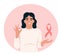 Breast cancer awareness month poster. Happy positive young woman showing gesture. I beat cancer. Flat vector illustration