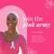 Breast cancer awareness month text with happy biracial woman with ribbon on pink t shirt