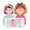 Breast cancer awareness month, two young women placard hope lettering, vector