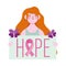 Breast cancer awareness month, woman hope lettering and butterflies, vector