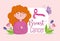 Breast cancer cartoon woman pink ribbon flowers butterfly banner