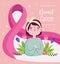 Breast cancer cute woman with pink huge ribbon flowers card