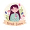 Breast cancer cute woman with ribbon flowers and banner