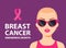 Breast cancer poster. bald girl with a pink ribbon on her chest.